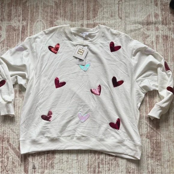 Mary Square XL Sequin Heart Sweatshirt Cream Valentine NWT Oversized - Picture 2 of 5